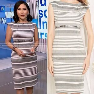 Calvin Klein Gray Striped Pintucked Sheath Dress With Silver Belt Size 6